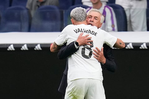 La liga 2024-25: Real Madrid's Federico Valverde, celebrates with Real Madrid's head coach Carlo Ancelotti after scoring the opening goal 